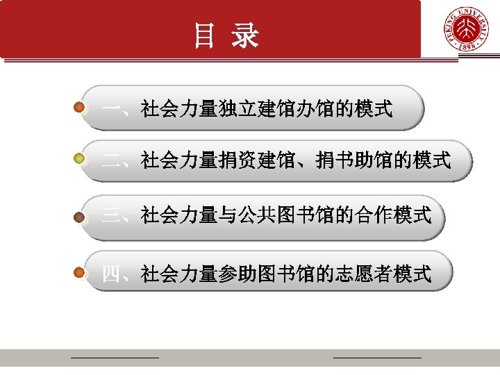 目 录 一、社会力量独立建馆办馆的模式 二、社会力量捐资建馆、捐书助馆的模式 三、社会力量与公共图书馆的合作模式 四、社会力量参助图书馆的志愿者模式 