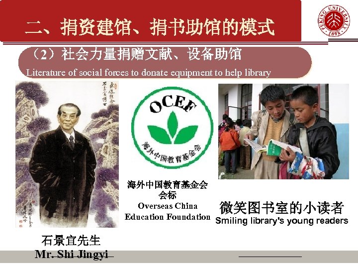 二、捐资建馆、捐书助馆的模式 （2）社会力量捐赠文献、设备助馆 Literature of social forces to donate equipment to help library 海外中国教育基金会 会标