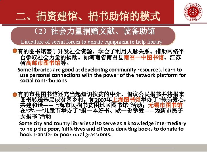 二、捐资建馆、捐书助馆的模式 （2）社会力量捐赠文献、设备助馆 Literature of social forces to donate equipment to help library 有的图书馆善于开发社会资源，学会了利用人脉关系、借助网络平 台争取社会力量的捐助。如河南省南召县南召一中图书馆、江苏