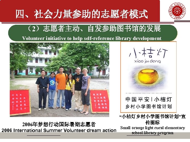 四、社会力量参助的志愿者模式 （2）志愿者主动、自发参助图书馆的发展 Volunteer initiative to help self-reference library development 2006年梦想行动国际暑期志愿者 2006 International Summer Volunteer