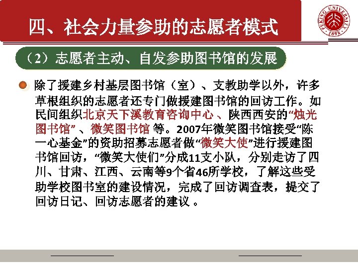 四、社会力量参助的志愿者模式 （2）志愿者主动、自发参助图书馆的发展 除了援建乡村基层图书馆（室）、支教助学以外，许多 草根组织的志愿者还专门做援建图书馆的回访 作。如 民间组织北京天下溪教育咨询中心 、陕西西安的“烛光 图书馆” 、微笑图书馆 等。2007年微笑图书馆接受“陈 一心基金”的资助招募志愿者做“微笑大使”进行援建图 书馆回访，“微笑大使们”分成 11支小队，分别走访了四 川、甘肃、江西、云南等9个省46所学校，了解这些受