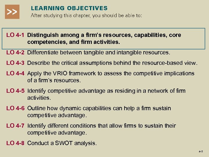 LO 4 -1 Distinguish among a firm’s resources, capabilities, core competencies, and firm activities.