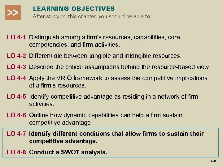 LO 4 -1 Distinguish among a firm’s resources, capabilities, core competencies, and firm activities.