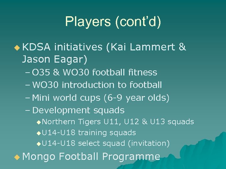 Players (cont’d) u KDSA initiatives (Kai Lammert & Jason Eagar) – O 35 &