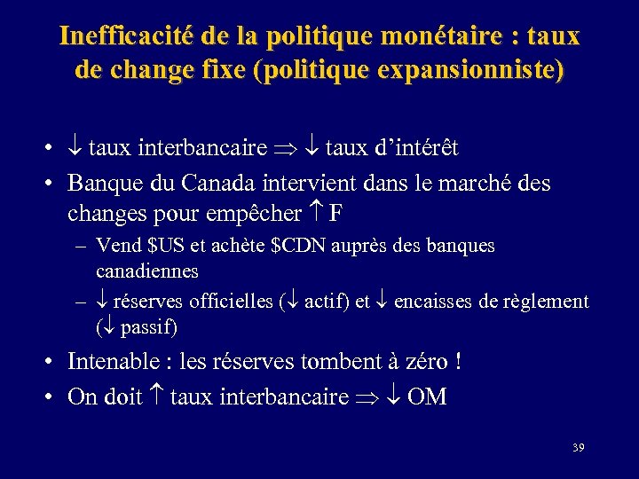 Inefficacité de la politique monétaire : taux de change fixe (politique expansionniste) • taux