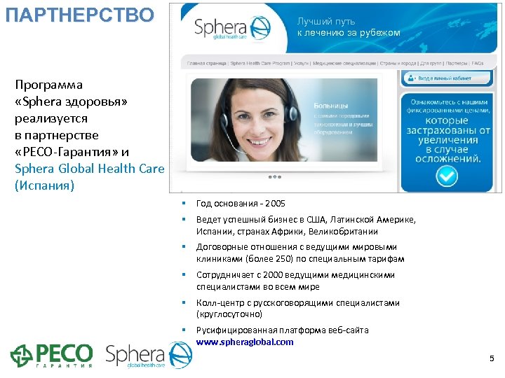 ПАРТНЕРСТВО Лучший путь к лечению за рубежом Программа «Sphera здоровья» реализуется в партнерстве «РЕСО-Гарантия»