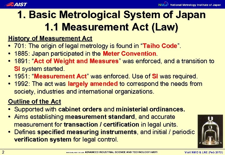 1. Basic Metrological System of Japan 1. 1 Measurement Act (Law) History of Measurement