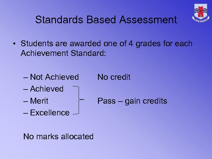 Standards Based Assessment • Students are awarded one of 4 grades for each Achievement