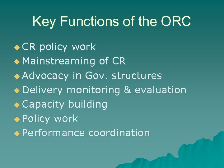 Key Functions of the ORC u CR policy work u Mainstreaming of CR u