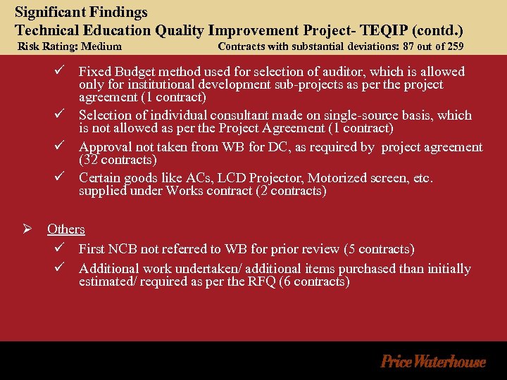 Significant Findings Technical Education Quality Improvement Project- TEQIP (contd. ) Risk Rating: Medium Contracts