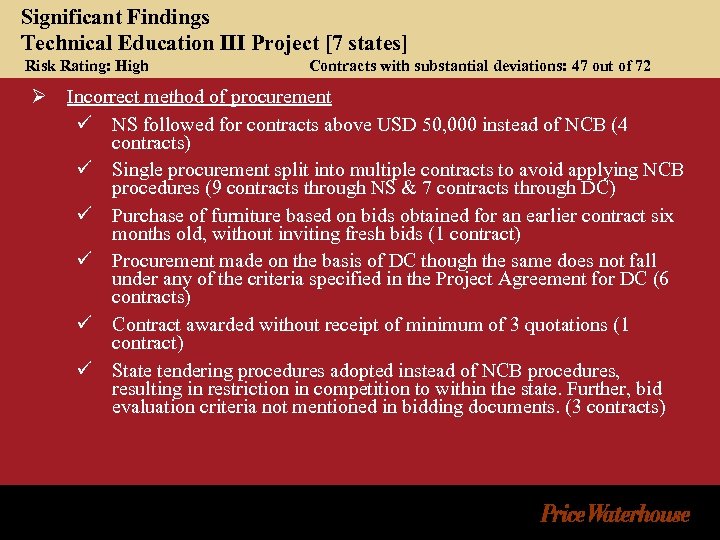 Significant Findings Technical Education III Project [7 states] Risk Rating: High Contracts with substantial