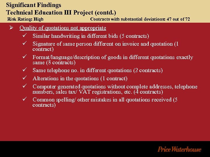 Significant Findings Technical Education III Project (contd. ) Risk Rating: High Contracts with substantial