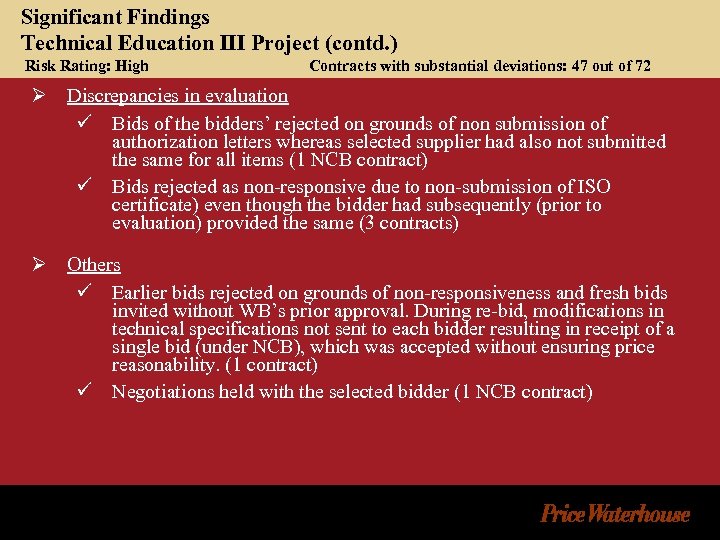 Significant Findings Technical Education III Project (contd. ) Risk Rating: High Contracts with substantial
