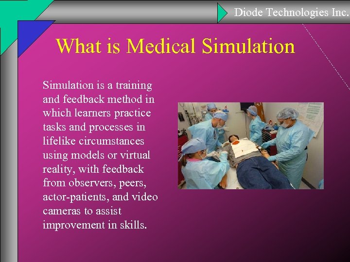 Diode Technologies Inc. What is Medical Simulation is a training and feedback method in