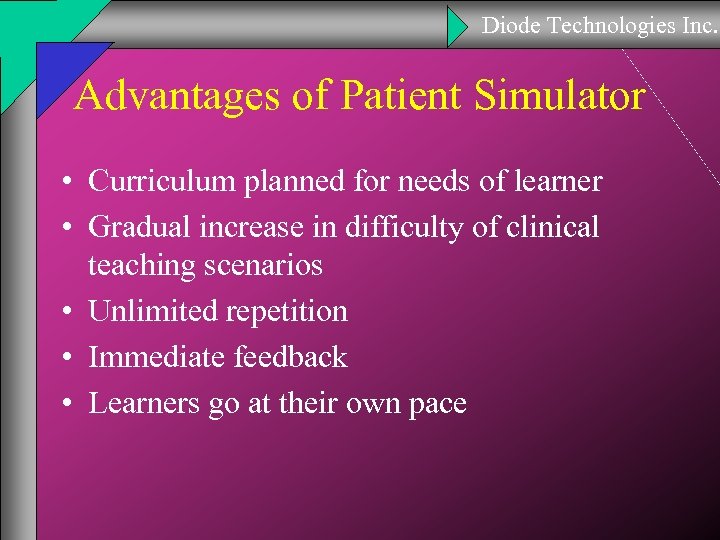 Diode Technologies Inc. Advantages of Patient Simulator • Curriculum planned for needs of learner