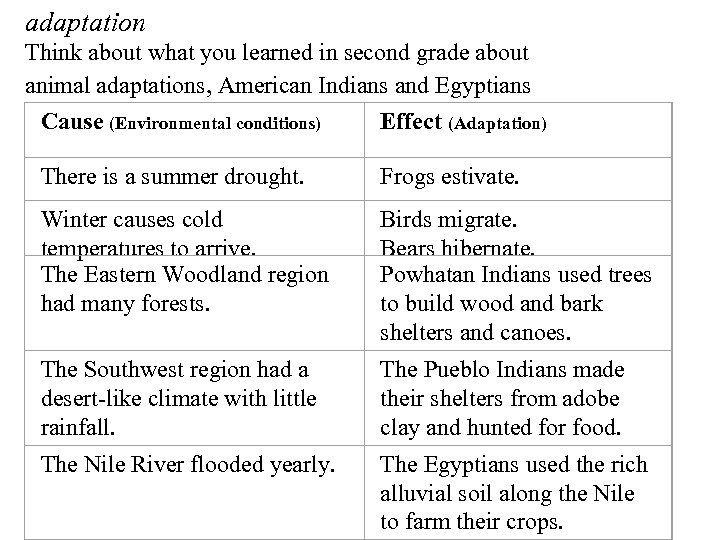 adaptation Think about what you learned in second grade about animal adaptations, American Indians