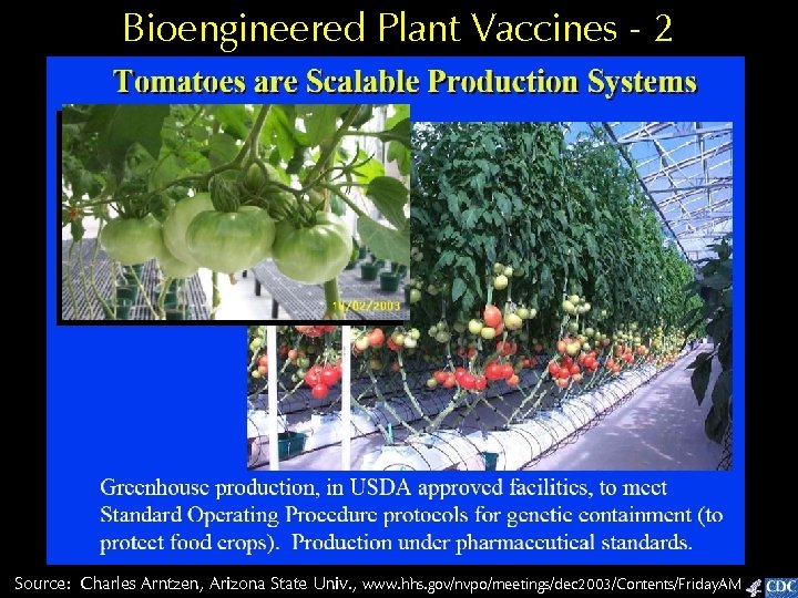 Bioengineered Plant Vaccines - 2 Source: Charles Arntzen, Arizona State Univ. , www. hhs.