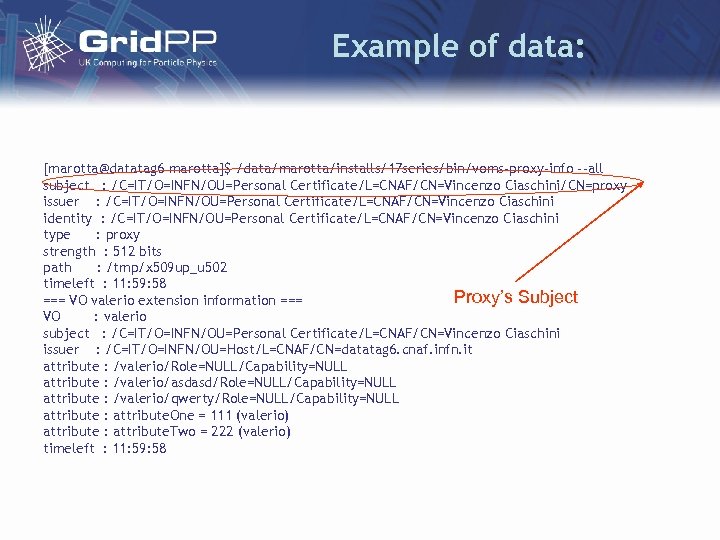 Example of data: [marotta@datatag 6 marotta]$ /data/marotta/installs/17 series/bin/voms-proxy-info --all subject : /C=IT/O=INFN/OU=Personal Certificate/L=CNAF/CN=Vincenzo Ciaschini/CN=proxy