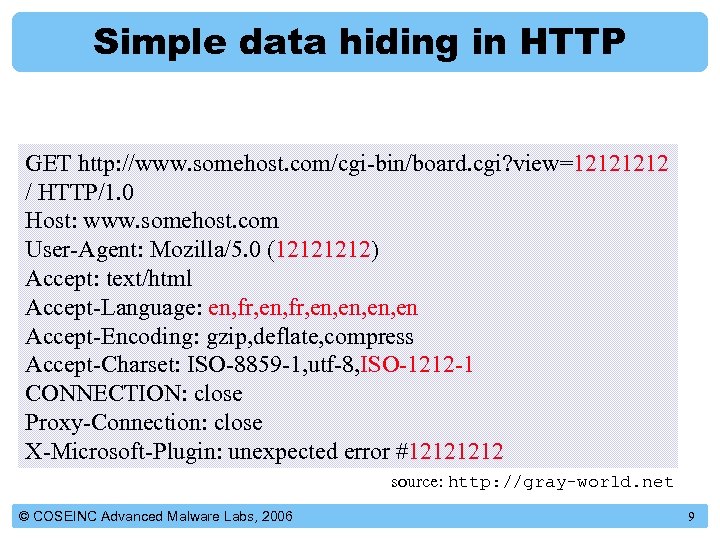 Simple data hiding in HTTP GET http: //www. somehost. com/cgi-bin/board. cgi? view=1212 / HTTP/1.