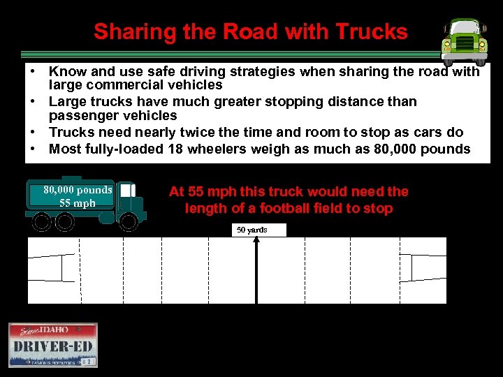 Sharing the Road with Trucks • Know and use safe driving strategies when sharing