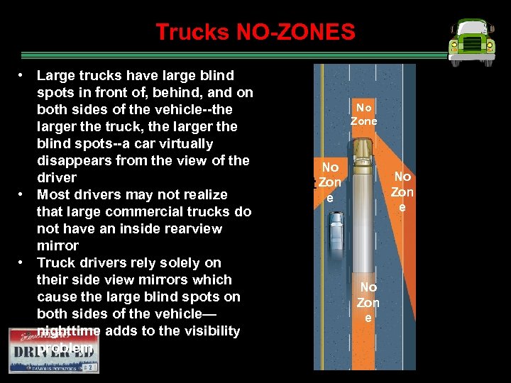 Trucks NO-ZONES • Large trucks have large blind spots in front of, behind, and