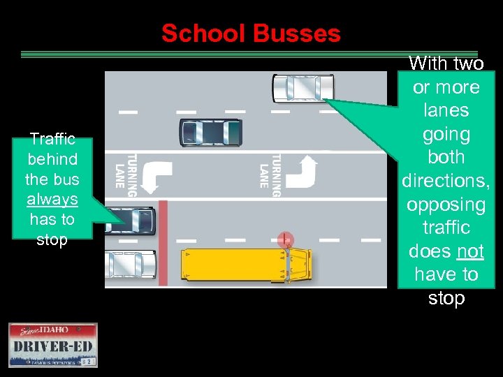 School Busses Traffic behind the bus always has to stop With two or more