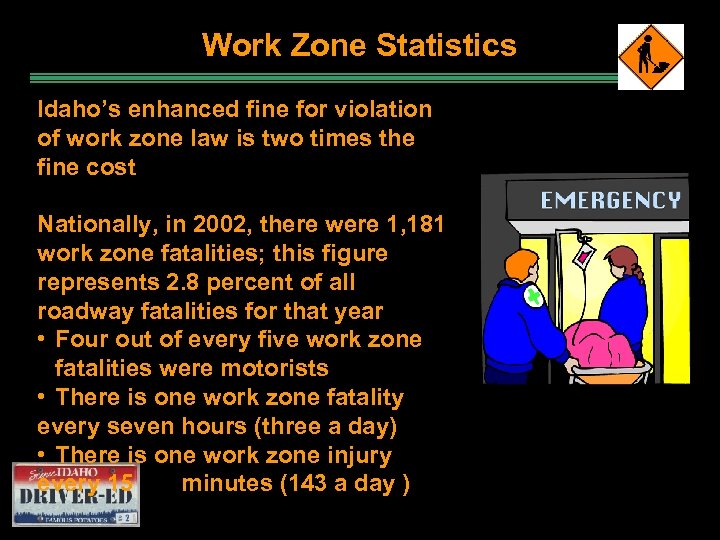 Work Zone Statistics Idaho’s enhanced fine for violation of work zone law is two