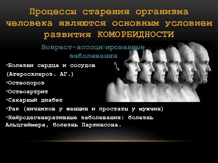 Процессы старения организма человека являются основным условием развития КОМОРБИДНОСТИ Возраст-ассоци 1 ированные заболевания Болезни