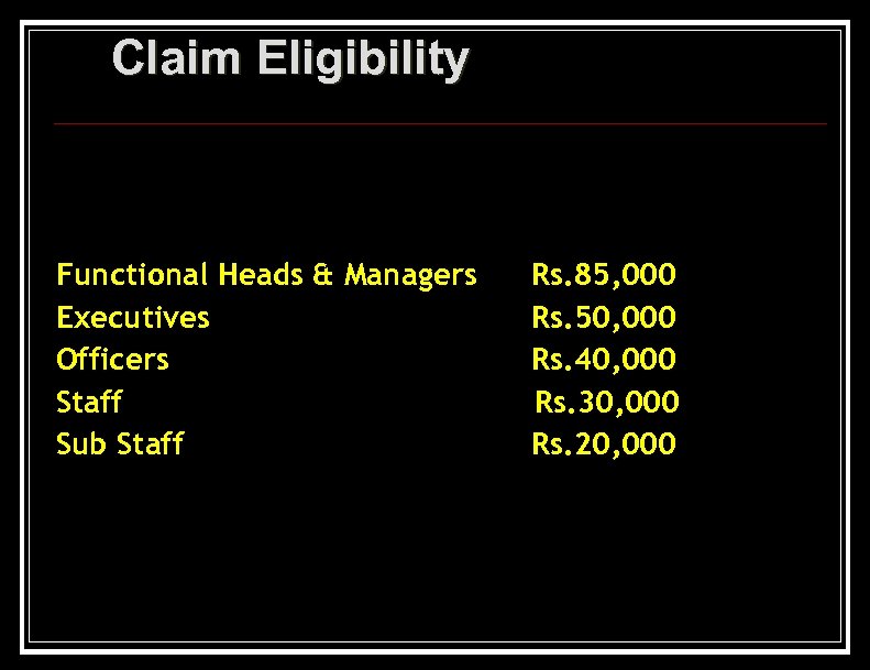 Claim Eligibility Functional Heads & Managers Executives Officers Staff Sub Staff Rs. 85, 000