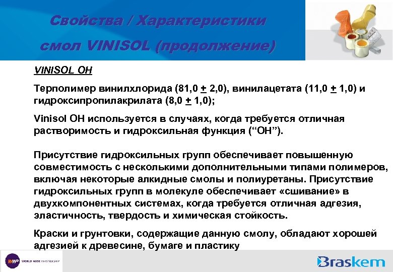 Свойства / Характеристики смол VINISOL (продолжение) VINISOL OH Терполимер винилхлорида (81, 0 + 2,