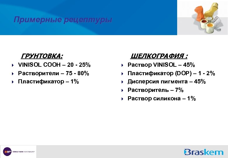 Примерные рецептуры ГРУНТОВКА: VINISOL COOH – 20 - 25% 4 Растворители – 75 -
