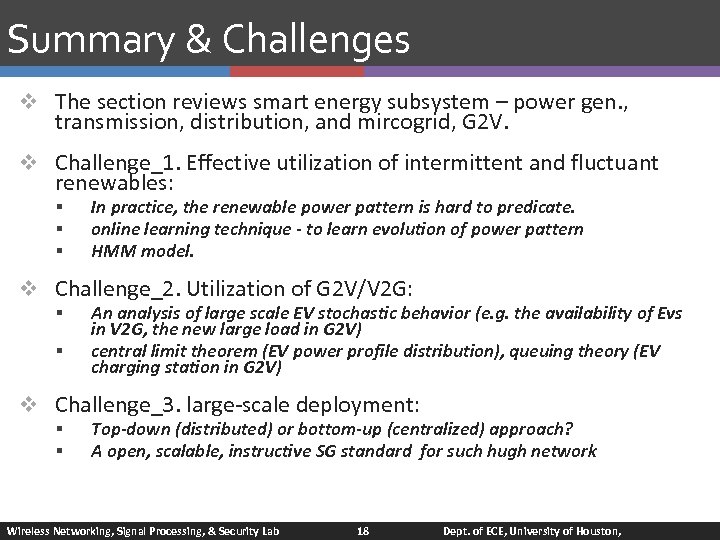 Summary & Challenges v The section reviews smart energy subsystem – power gen. ,