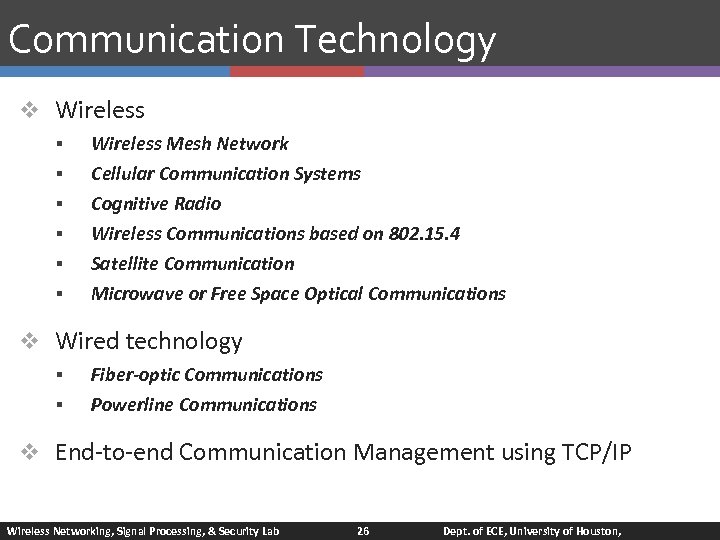 Communication Technology v Wireless § § § Wireless Mesh Network Cellular Communication Systems Cognitive