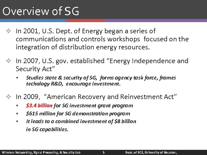 Overview of SG v In 2001, U. S. Dept. of Energy began a series