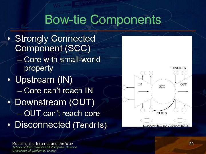 Bow-tie Components • Strongly Connected Component (SCC) – Core with small-world property • Upstream