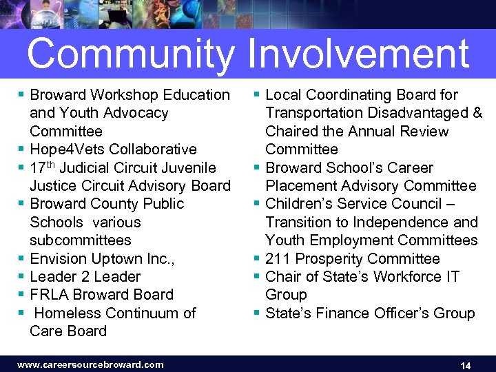 Community Involvement § Broward Workshop Education and Youth Advocacy Committee § Hope 4 Vets