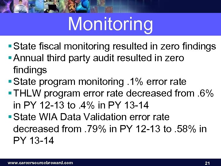 Monitoring § State fiscal monitoring resulted in zero findings § Annual third party audit