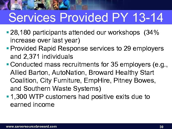 Services Provided PY 13 -14 § 28, 180 participants attended our workshops (34% increase