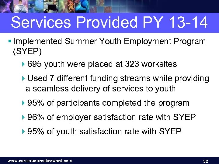 Services Provided PY 13 -14 § Implemented Summer Youth Employment Program (SYEP) 4695 youth