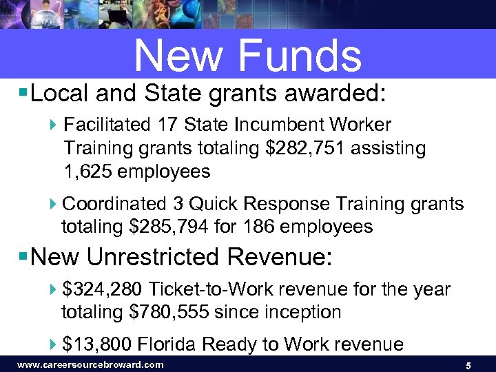 New Funds § Local and State grants awarded: 4 Facilitated 17 State Incumbent Worker