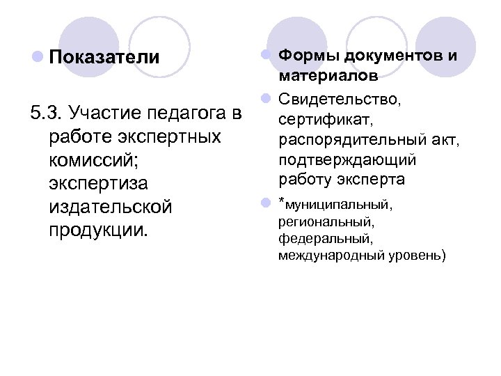 l Показатели 5. 3. Участие педагога в работе экспертных комиссий; экспертиза издательской продукции. l