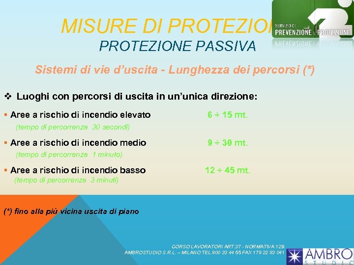 MISURE DI PROTEZIONE PASSIVA Sistemi di vie d’uscita - Lunghezza dei percorsi (*) v