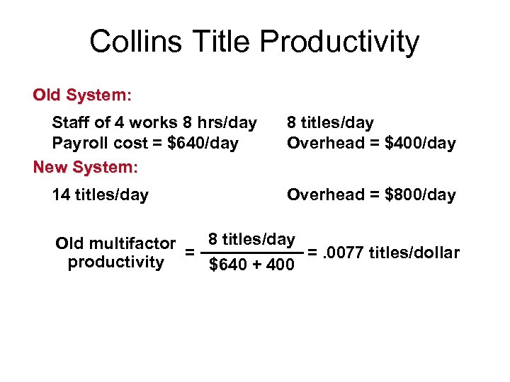 Collins Title Productivity Old System: Staff of 4 works 8 hrs/day Payroll cost =