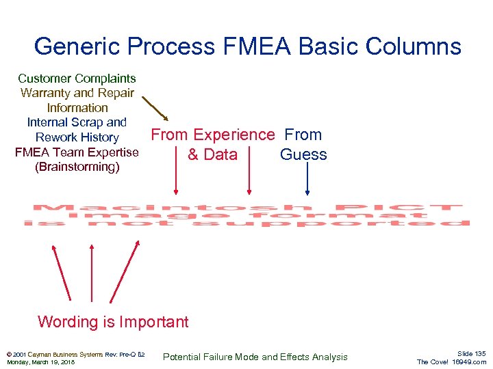 Generic Process FMEA Basic Columns Customer Complaints Warranty and Repair Information Internal Scrap and