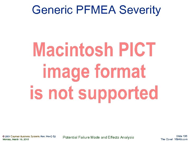 Generic PFMEA Severity © 2001 Cayman Business Systems Rev: Pre-Q ß 2 Monday, March