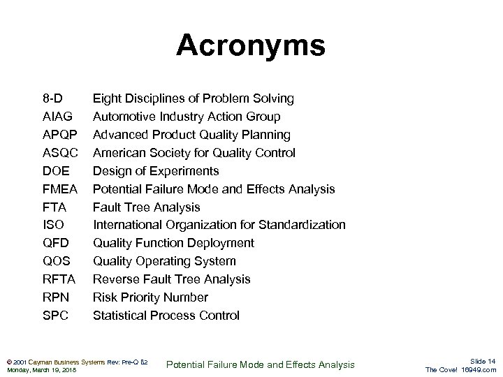 Acronyms 8 -D AIAG APQP ASQC DOE FMEA FTA ISO QFD QOS RFTA RPN
