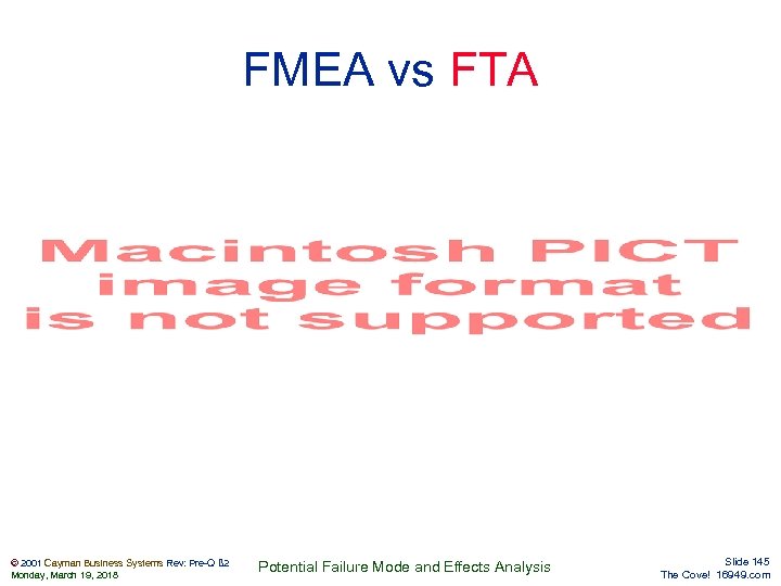 FMEA vs FTA © 2001 Cayman Business Systems Rev: Pre-Q ß 2 Monday, March