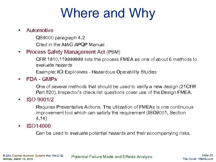 Where and Why • Automotive QS 9000 paragraph 4. 2 Cited in the AIAG