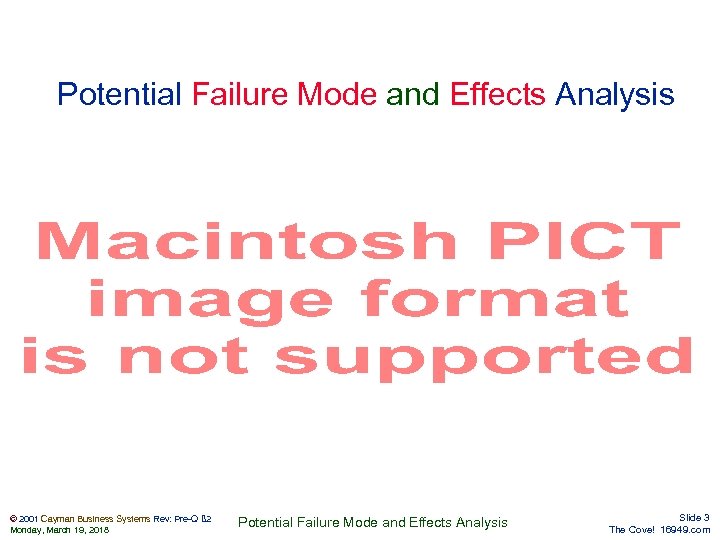 Potential Failure Mode and Effects Analysis © 2001 Cayman Business Systems Rev: Pre-Q ß