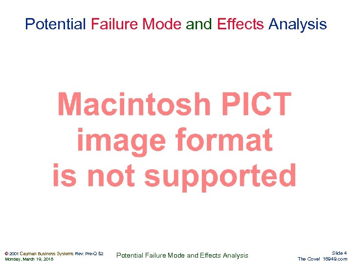 Potential Failure Mode and Effects Analysis © 2001 Cayman Business Systems Rev: Pre-Q ß